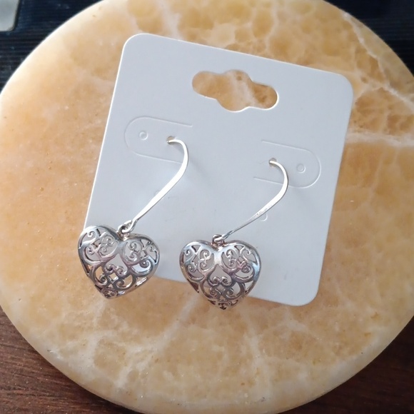 925 Silver French Wire Heart Cutout Dangle Earrings - Picture 7 of 8
